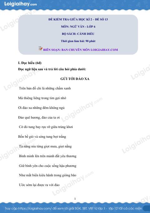 Đề thi giữa kì 2 Văn 6 Cánh diều - Đề số 13
